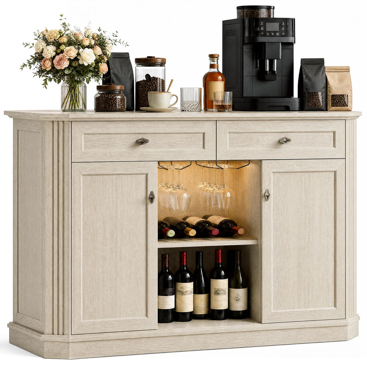 White Coffee Bar with 2 Drawers & 2 Doors, LED Wine Bar Cabinet with Wine Glasses, Coffee Station with Built-in Outlets, Buffet Cabinet Sideboard with Extra Storage for Living Room Kitchen Entryway