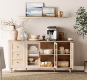 WAMPAT Glass Door TV Stand for TVs up to 75 inch, Wood TV Console Table with 4 Storage Cabinets, Farmhouse Television Stands for Living Room, 58 Inch, Beige