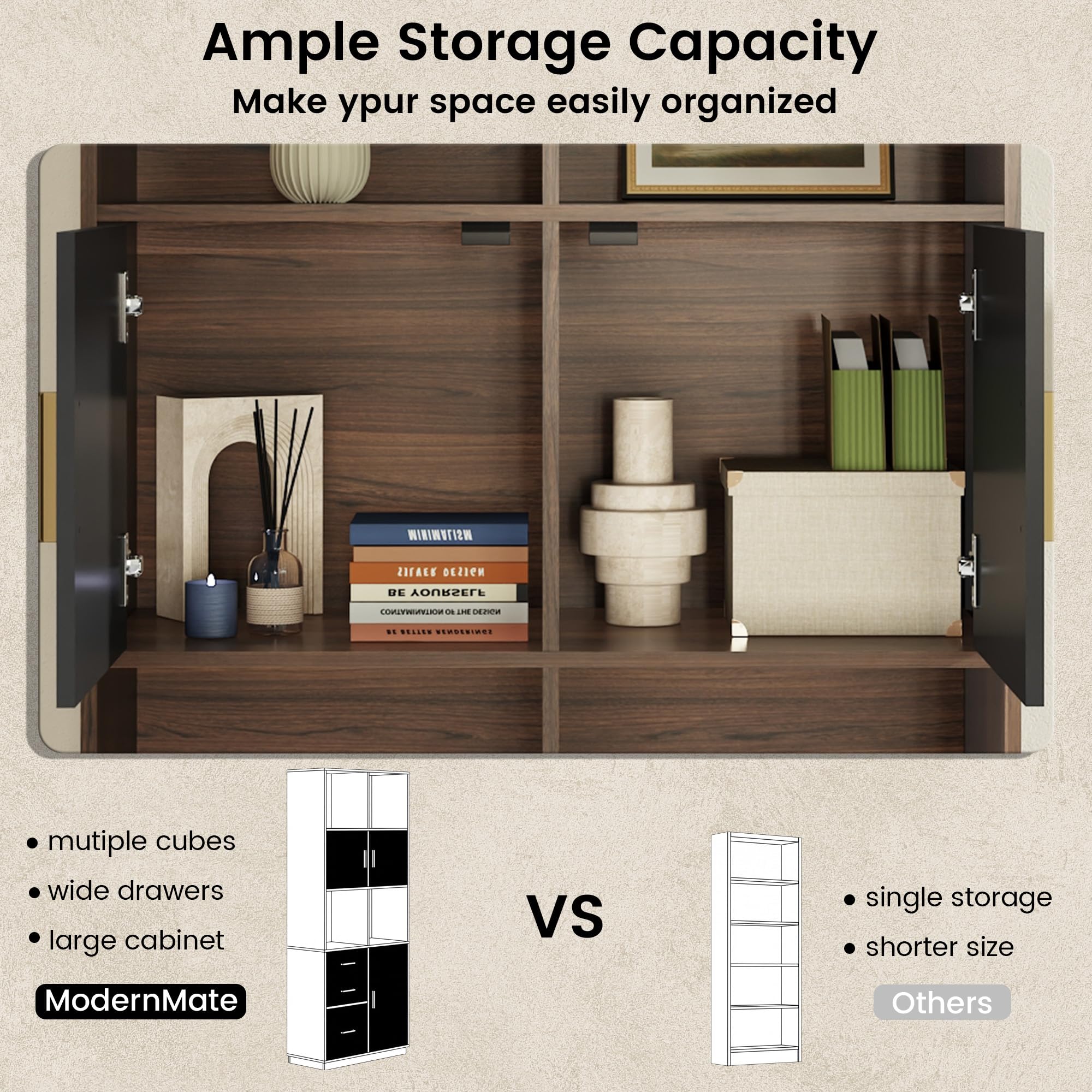 74.6" Tall Bookcase with 3 Drawers & Doors, Wood Bookshelf with Open Cubes & Adjustable Shelves, Fits A4 Hanging Files, Modern Free-Standing Bookcase for Home Office, Living Room, Study, Black Walnut
