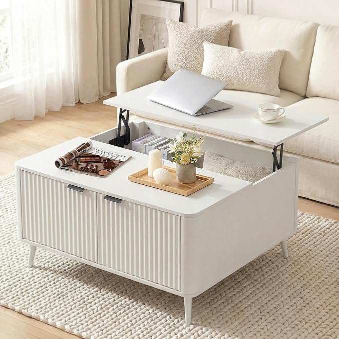 Fluted Lift Top Square Coffee Table with Hidden Storage