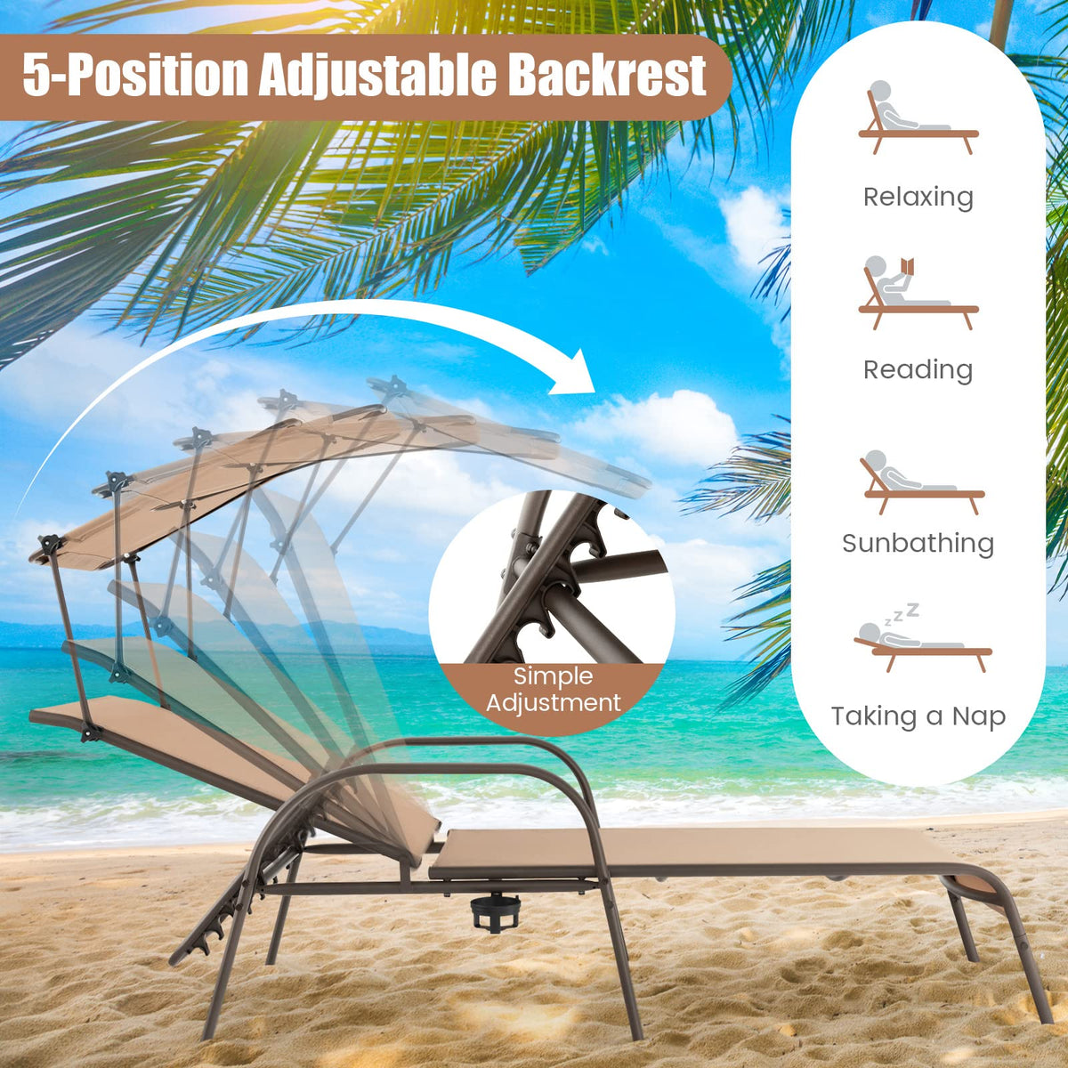 GIANTEX Patio Chaise Lounge Chair, Outdoor Beach Chair with Adjustable Canopy, Cupholder, 5-Level Backrest, Metal Frame, Sunbathing Lounger for Tanning, Outside, Poolside, Yard, Lawn, Brown