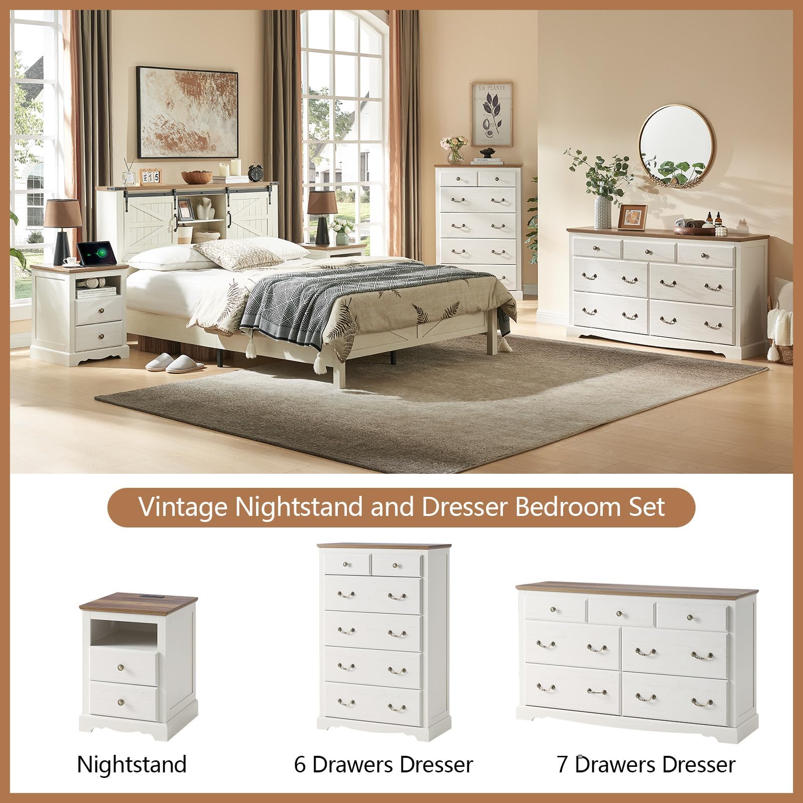 AMERLIFE Farmhouse 3 Pieces Bedroom Sets, Include 54" Wide 7 Drawers Dresser, Nightstand Set of 2 with Charging Station, Rustic Retro Bedroom Furniture Set, White