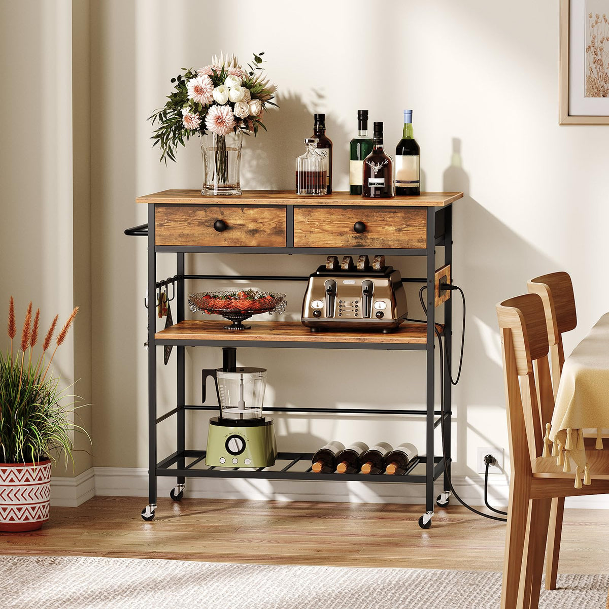 Rolling Kitchen Island with Drawers and Outlet
