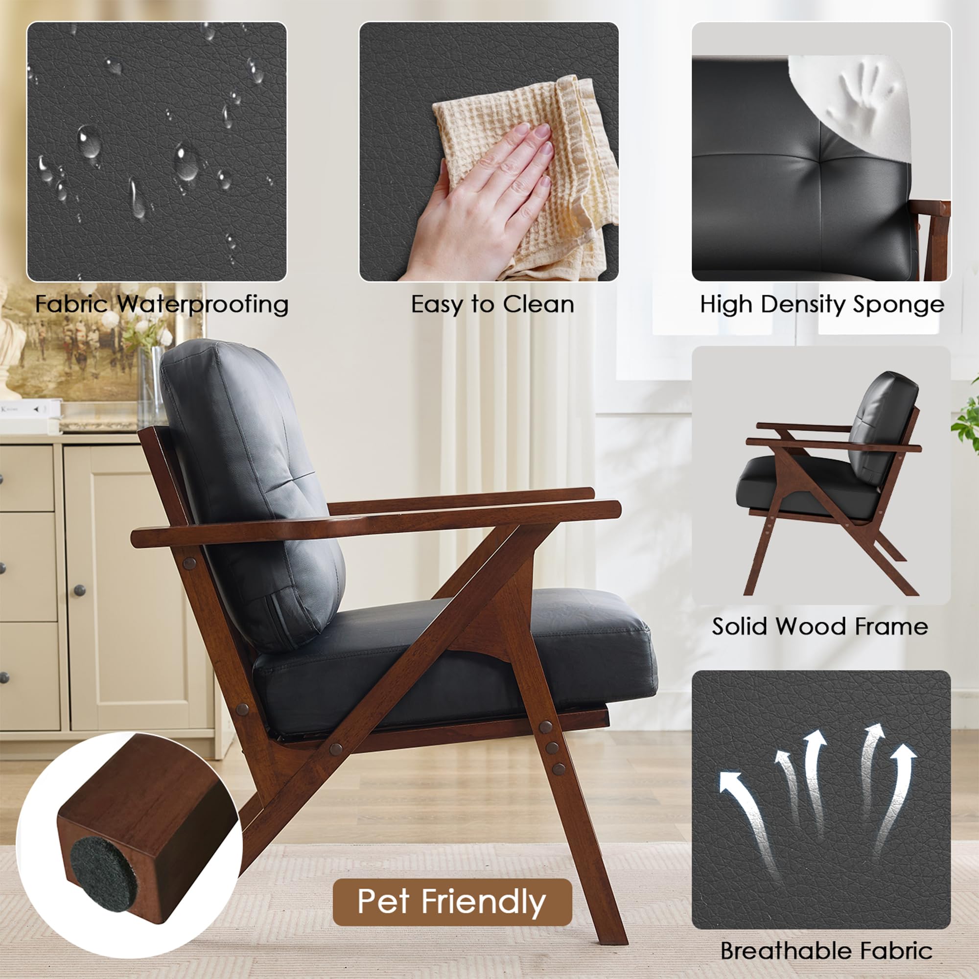 Mid-Century Leather Accent Chair with Wooden Arms