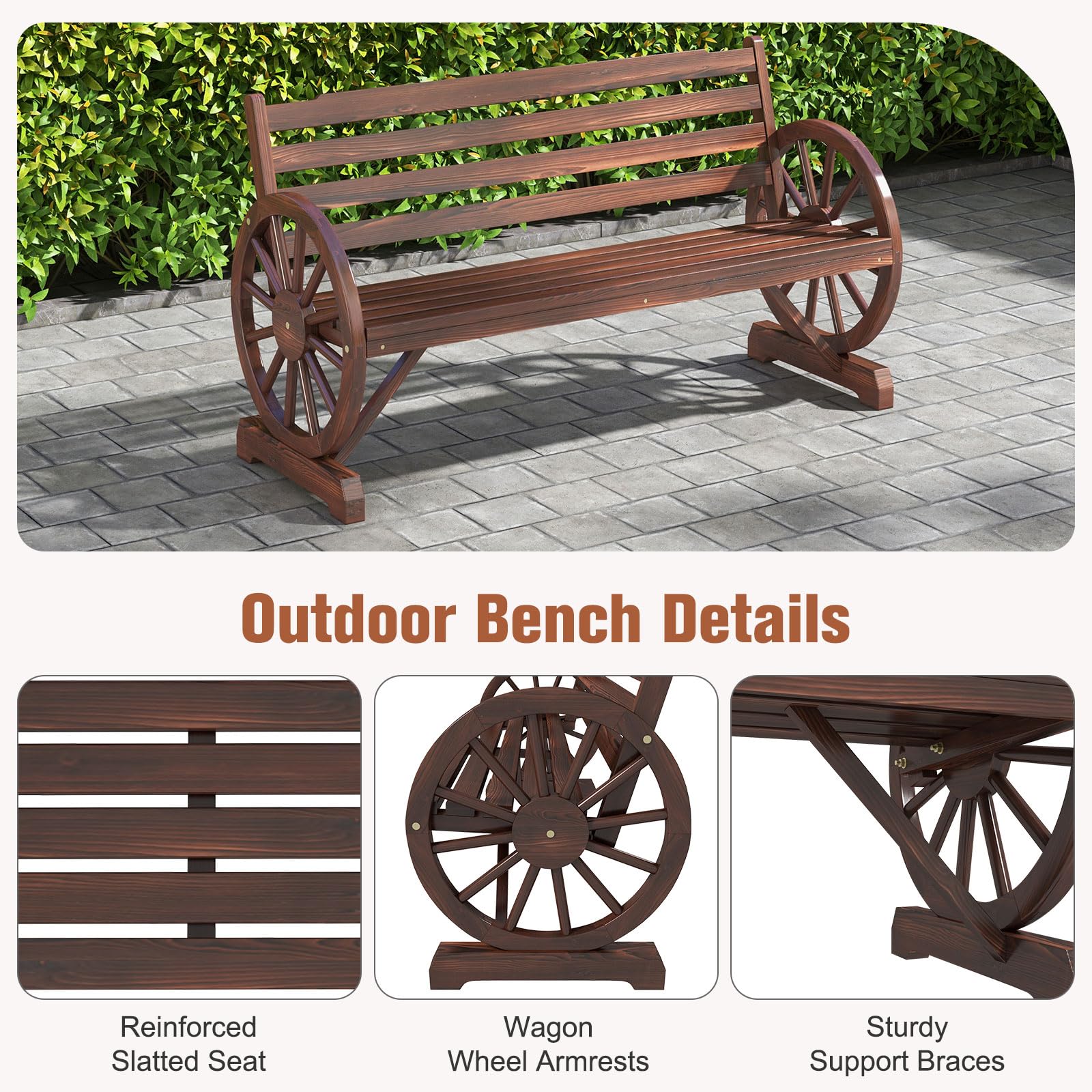 Outdoor Wooden Wagon Bench with Wheel Armrest