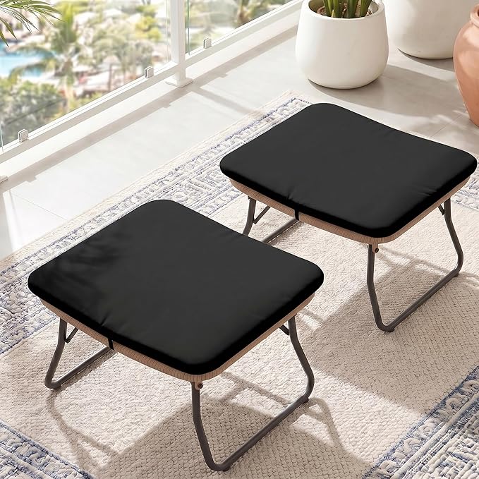 Outdoor Folding Wicker Ottomans with Cushion (Set of 2)
