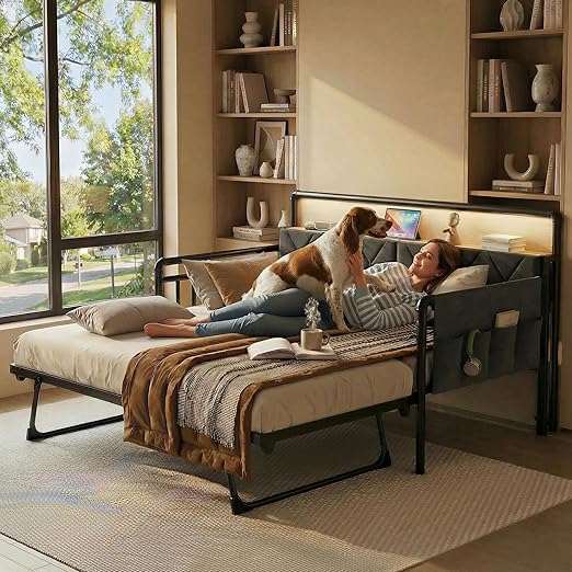 Twin Daybed with Trundle, LED Light & Storage Headboard