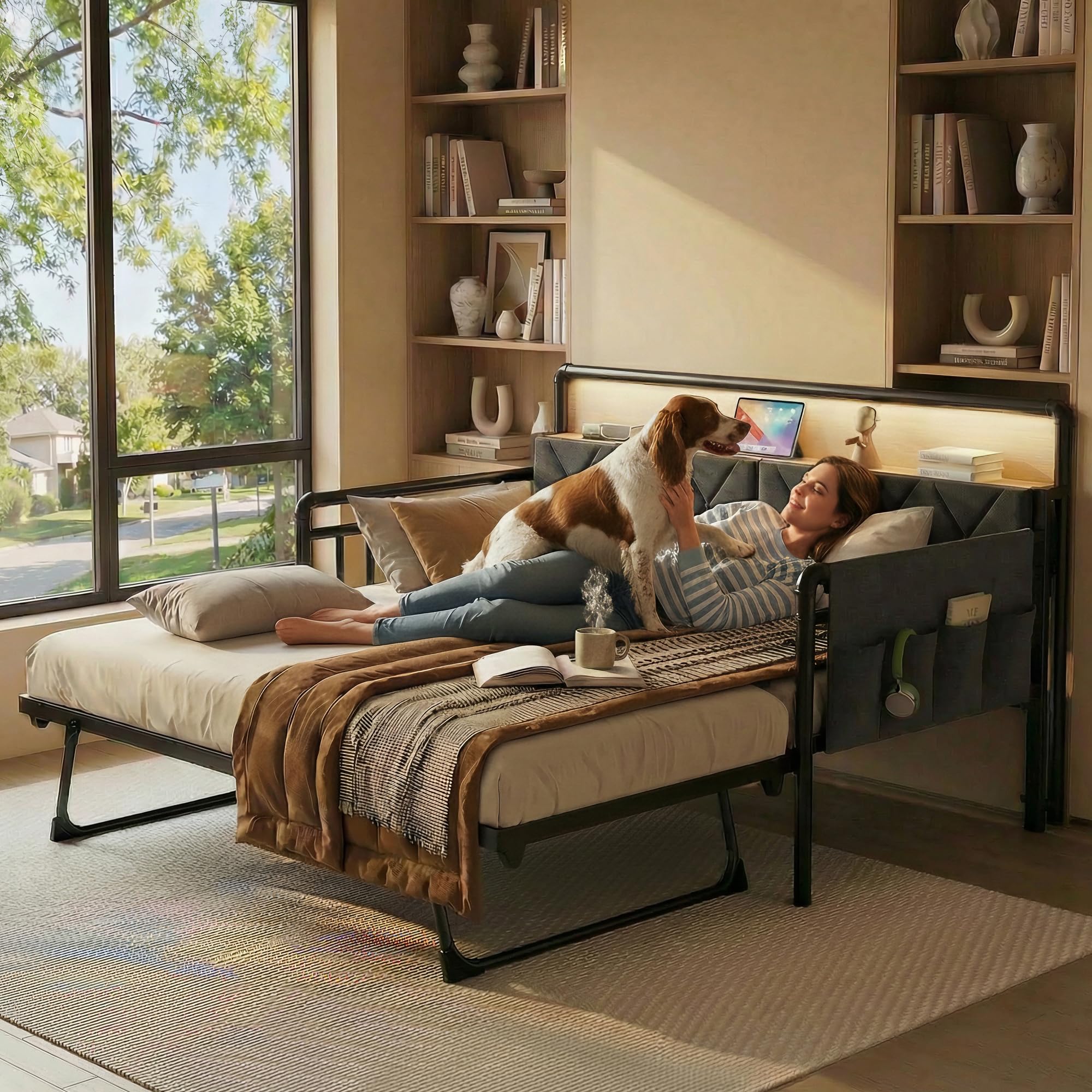 Hretanant Daybed with Trundle Bed, Twin Bed Frame with LED Light, Storage Headboard with Charging Station, Strong Metal Frame, Sofa Day Bed for Living Room, Bedroom, Guest Room, Grey