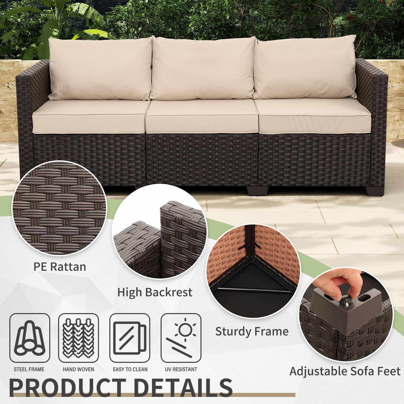3-Seat Outdoor Wicker Sofa with Cushions
