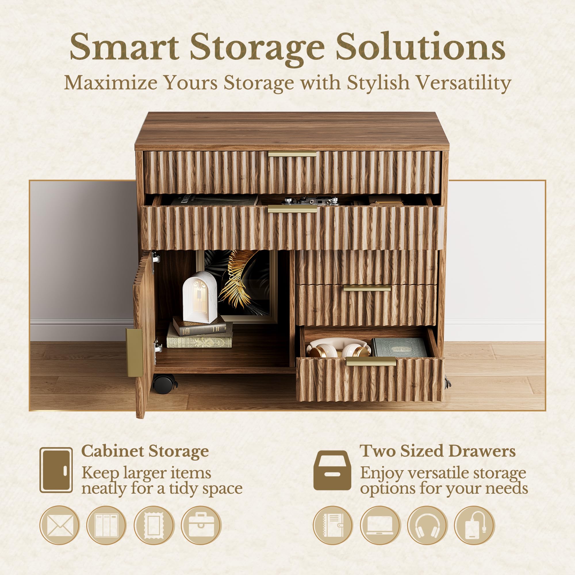 Fluted Mobile File Cabinet with 5 Drawers