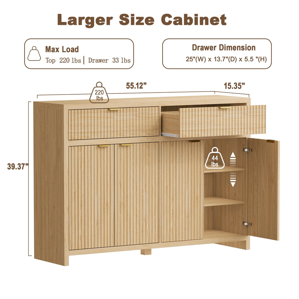 ANYMAPLE 55" Buffet Sideboard Cabinet with Storage Drawers, Fluted Credenza Storage Cabinet with Adjustable Shelf & Doors, Coffee Bar Station for Hallway