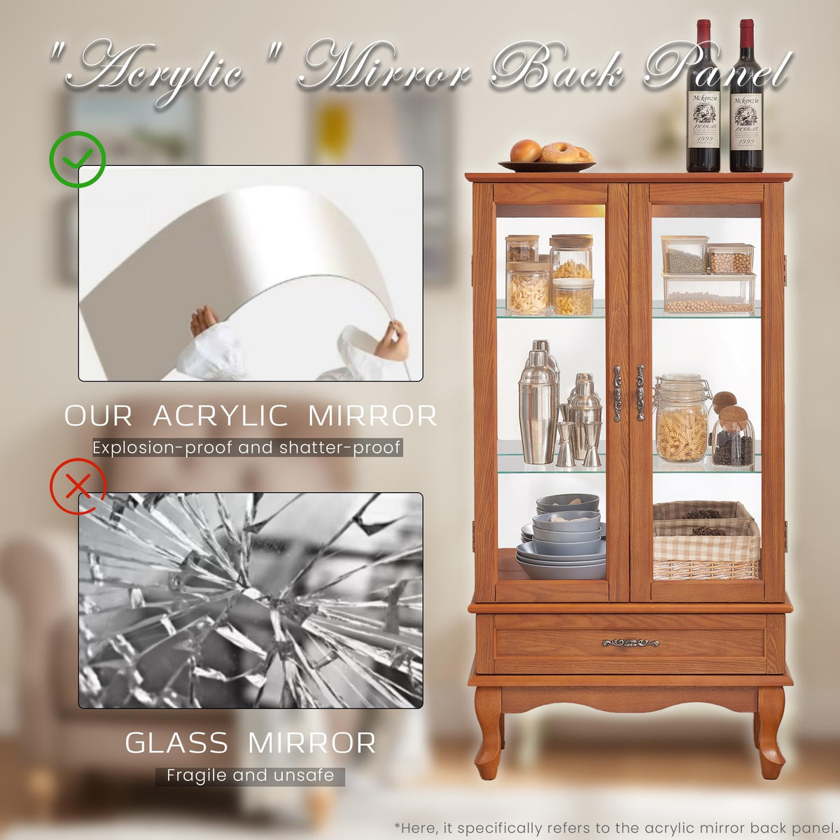 52" Lighted Accent Curio Cabinet, 3-Tier Antique Storage Cabinet with Tempered Glass Adjustable Shelves & Drawer, Acrylic Pane, Light Bulb Included, China Display Case for Living Room (Dark Oak)