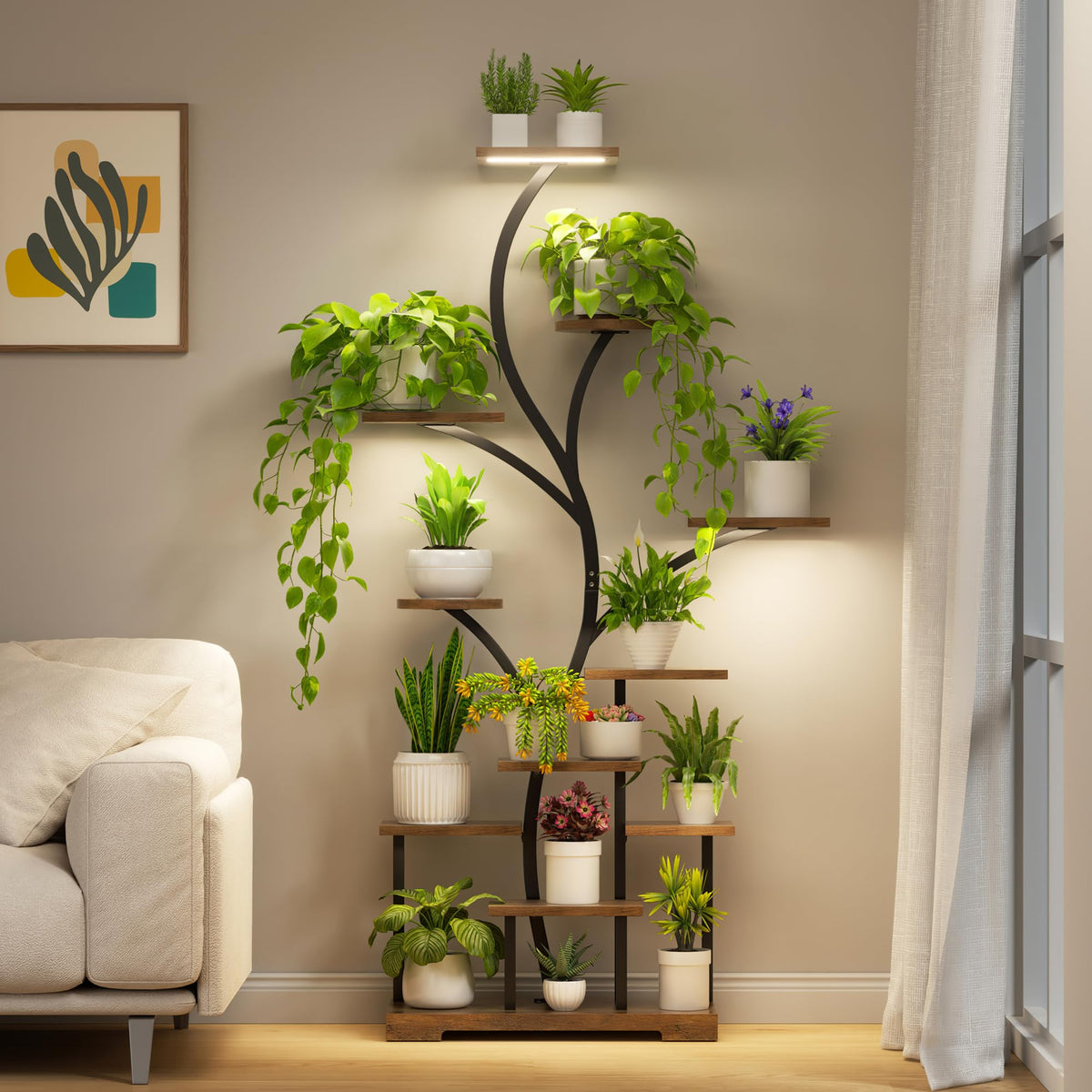 BELLEZE 63 Inch 11-Tier Metal Plant Stand with LED Grow Lights, Tall Indoor Plant Shelf & Corner Flower Display Rack for 15-18 Pots of Large Plants in Living Room, Bedroom, or Balcony (Brown)