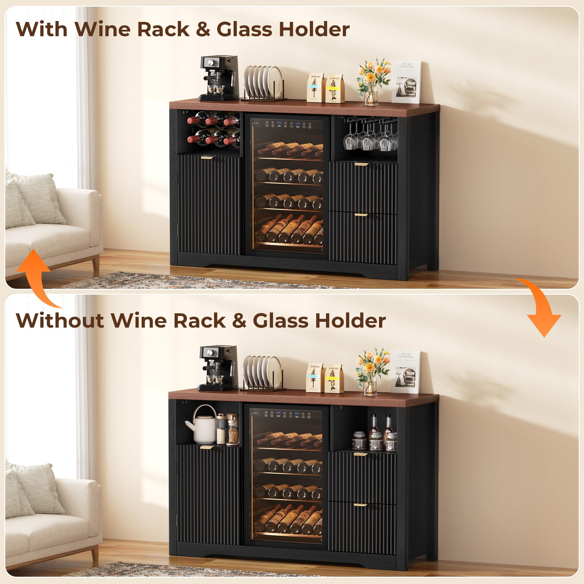 Coffee Bar Cabinet with Fridge Space, 53" L Wine Cabinets with Storage Drawer, Wood Buffet Sideboard Table, Fluted Liquor Cabinet with Wine Rack for Home, Living Room,20"D x 53.1"W x 39.4"H-Black