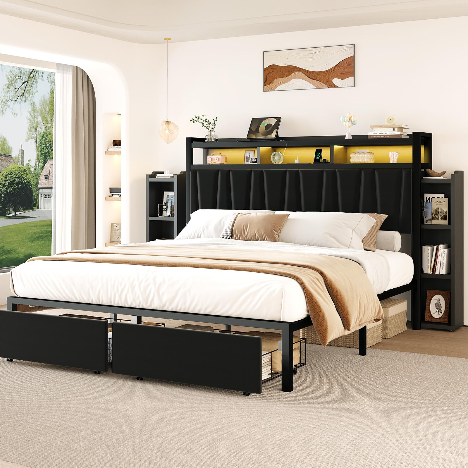 LED Platform Bed Frame with Storage Headboard & Charging Station