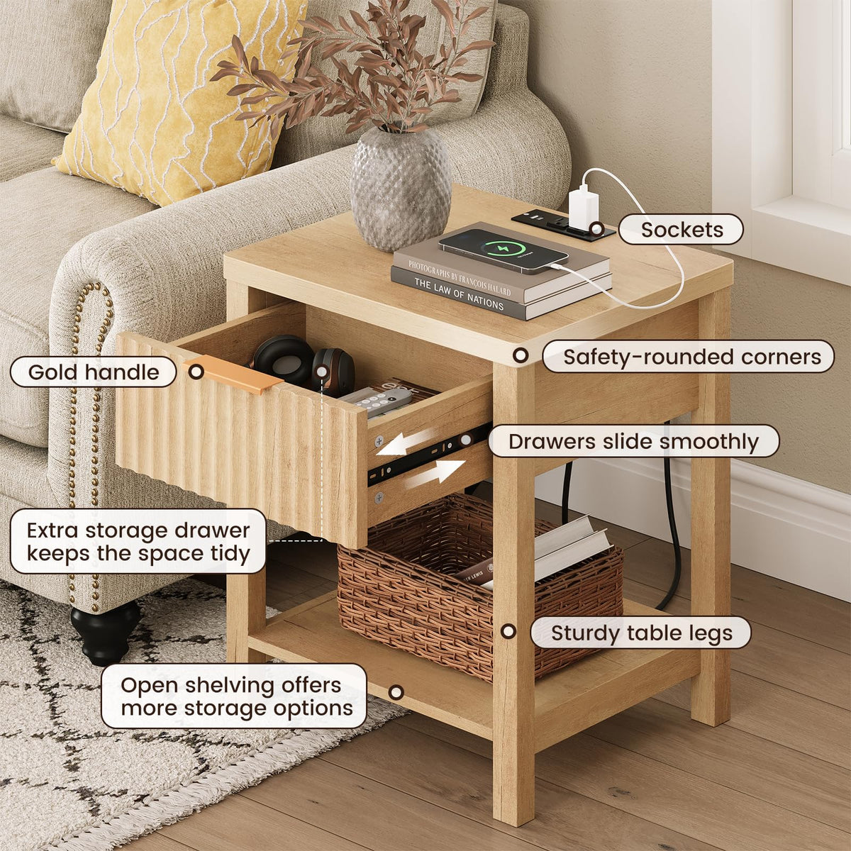 ELYKEN Fluted Nightstands Set 2 with Storage Drawer & Power, Natural Oak