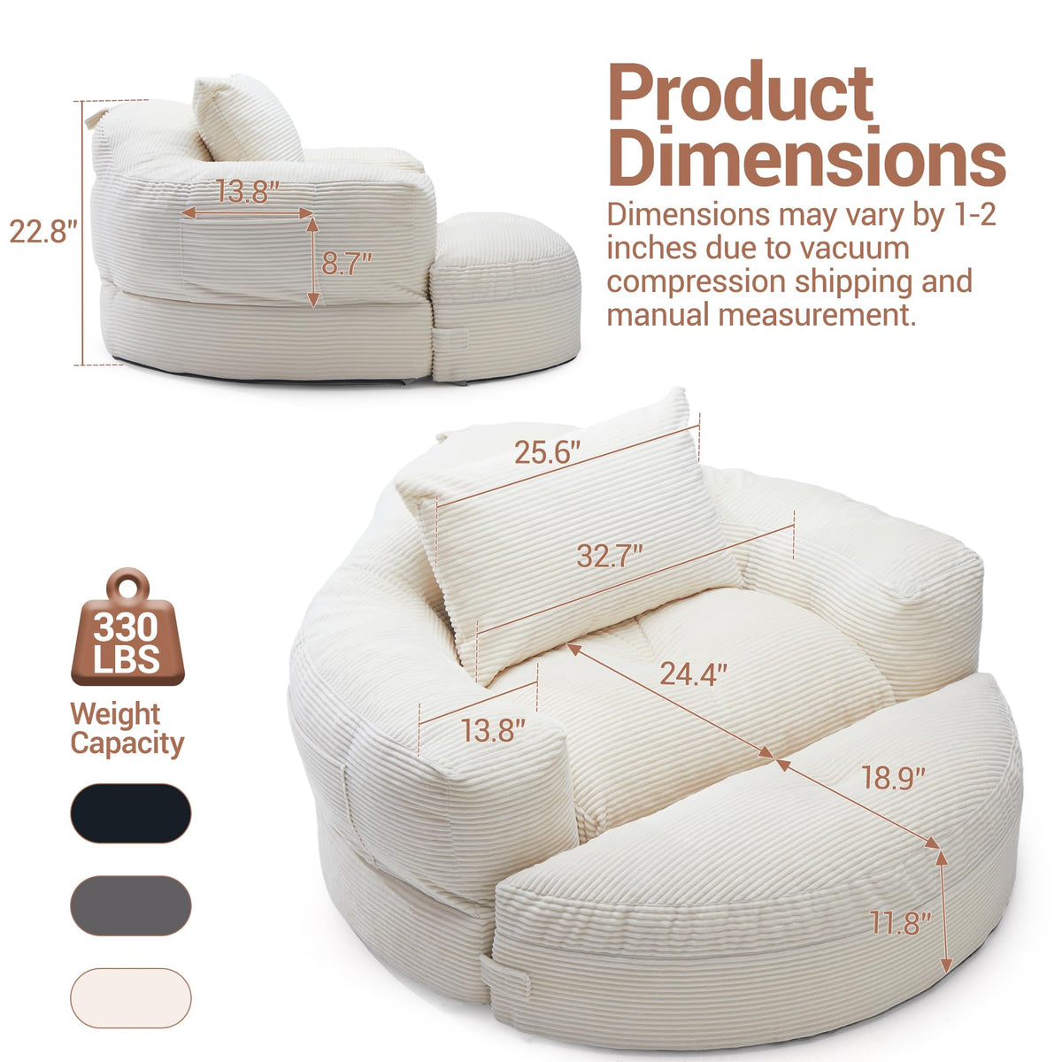 WiNVO 63''Oversized Round Chaise Lounge Chair with Footrest Ottoman(Beige)