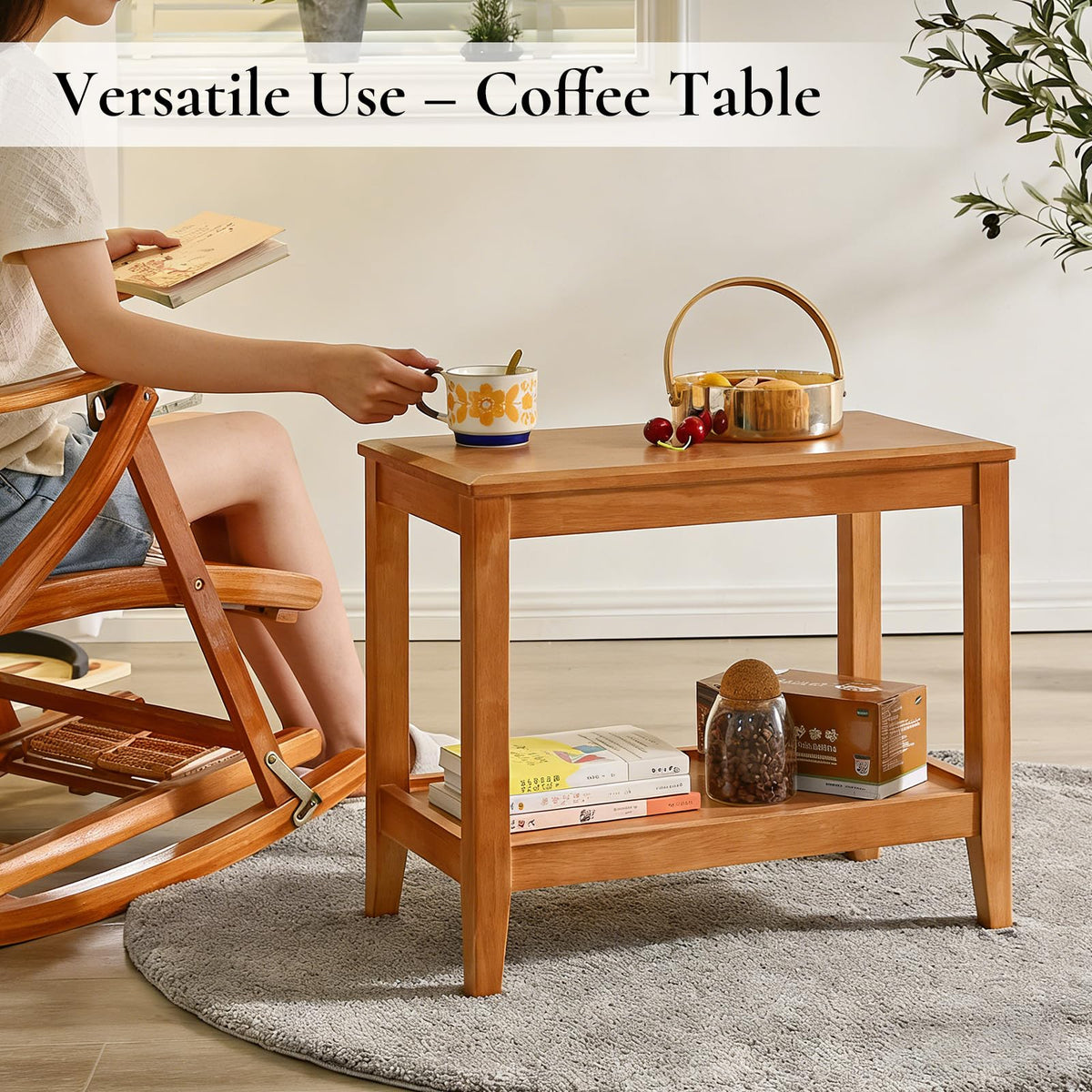Cttasty Side Table, Solid Wood Rectangular End Table with Storage Shelf, 2-Tier Coffee Table for Living Room, Rubber Wood Small Sofa Table, Nightstand 19.69 H x 13.39 W x 23.62 D Inches (Natural)
