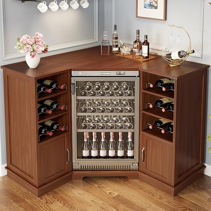 L-Shaped Corner Bar Cabinet with Mini Fridge Space