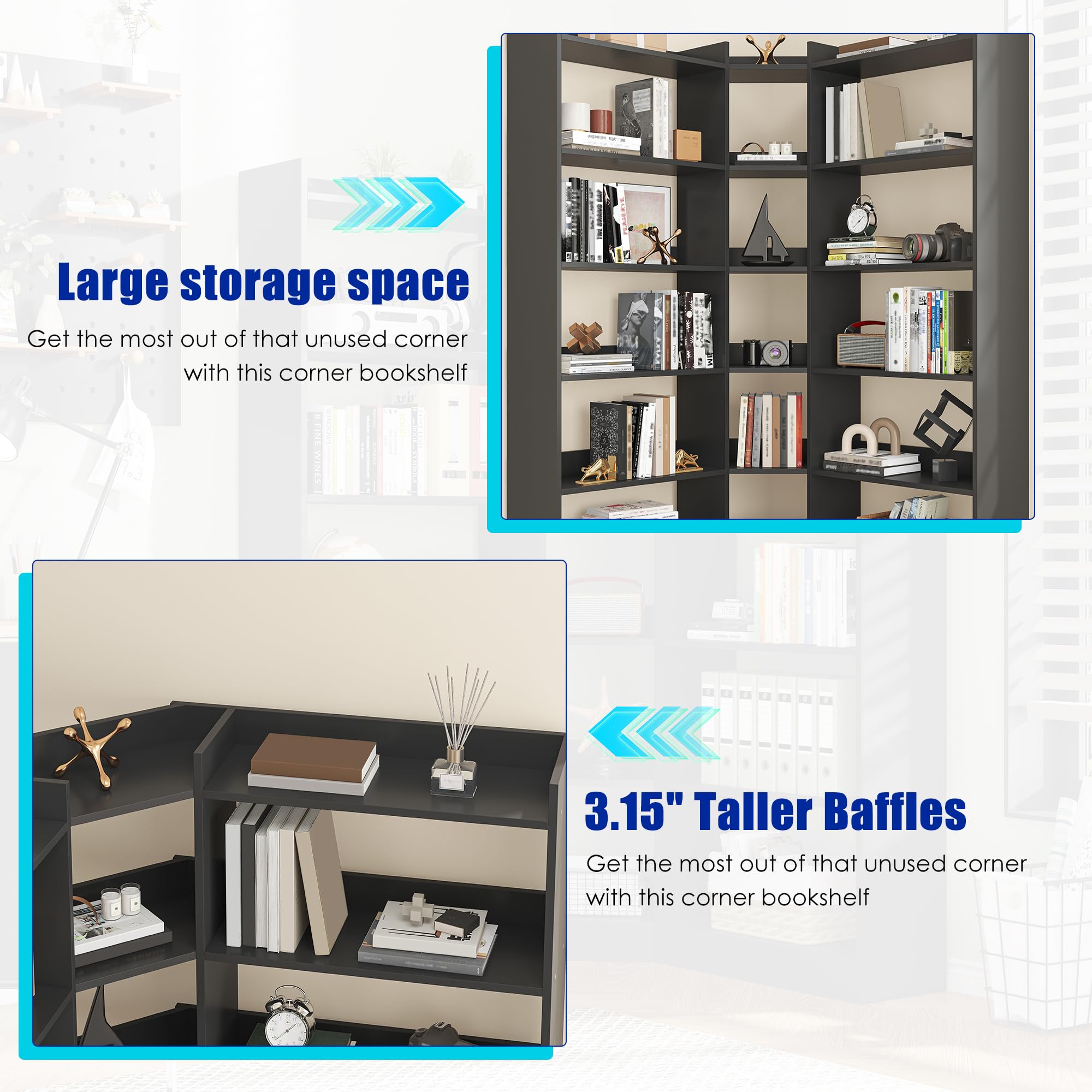 7-Tier L-Shaped Corner Bookshelf with Anti-Fall Baffles – 63.1" Tall