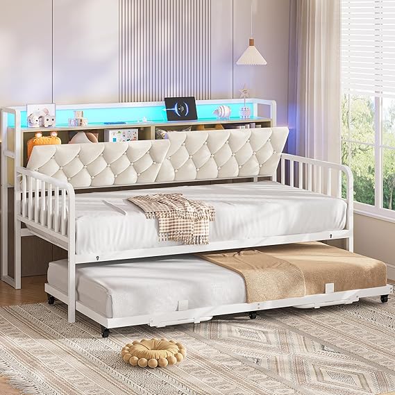 Twin to King Daybed with Trundle, LED Lights & Storage Headboard