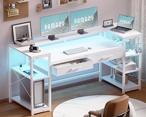 58-Inch Computer Desk with Monitor Stand, LED Lights & Power Outlets
