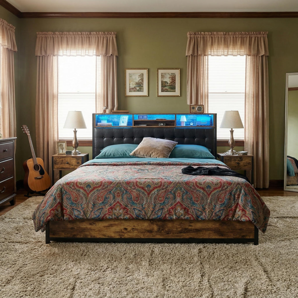 EnHomee King Bed Frame with 4 Drawers, Charge Station & LED Lights