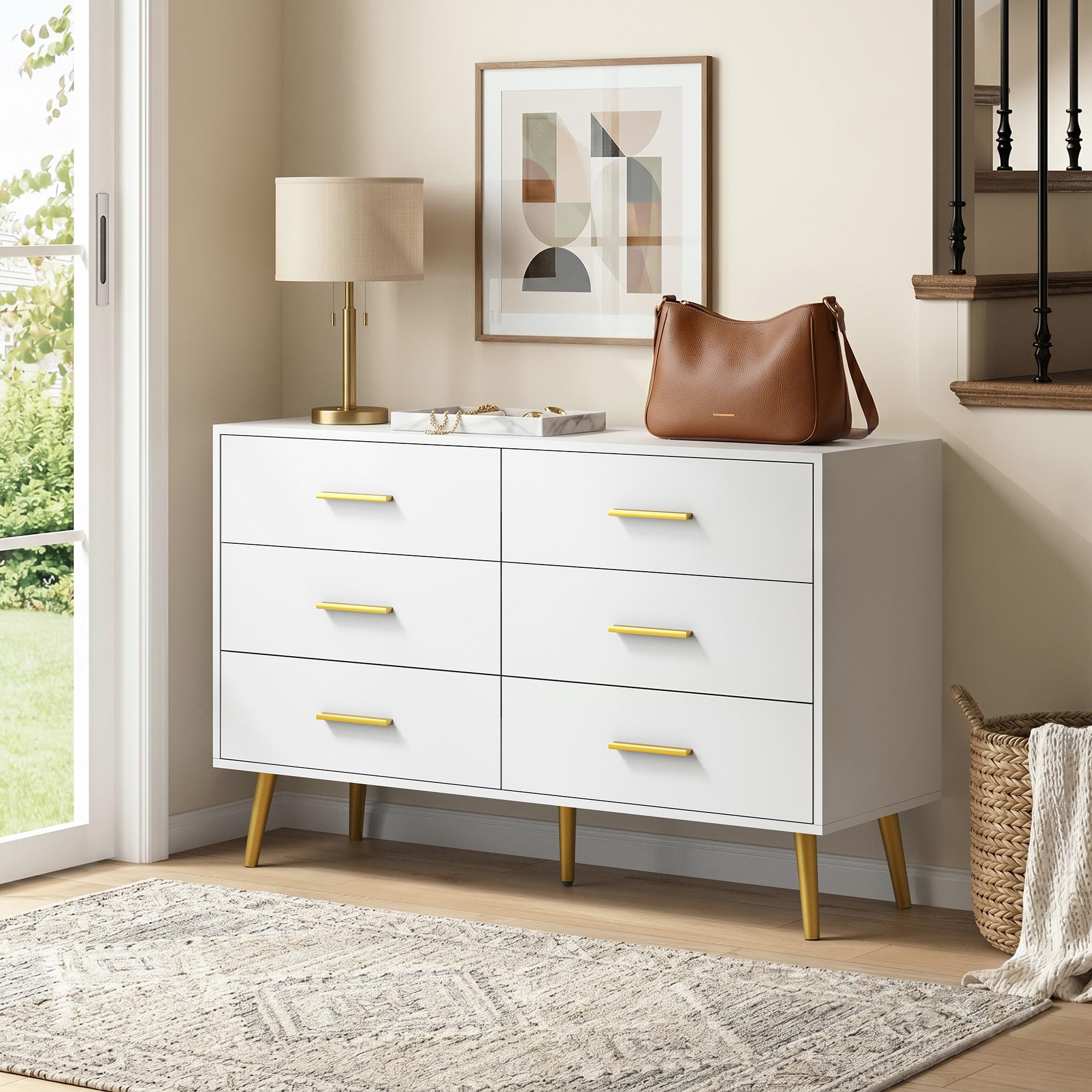 CARPETNAL White Dresser for Bedroom, 6 Drawer Dresser with Wide Drawers and Gold Metal Handles, 47” Wood Dressers & Chests of Drawers for Hallway, Entryway.