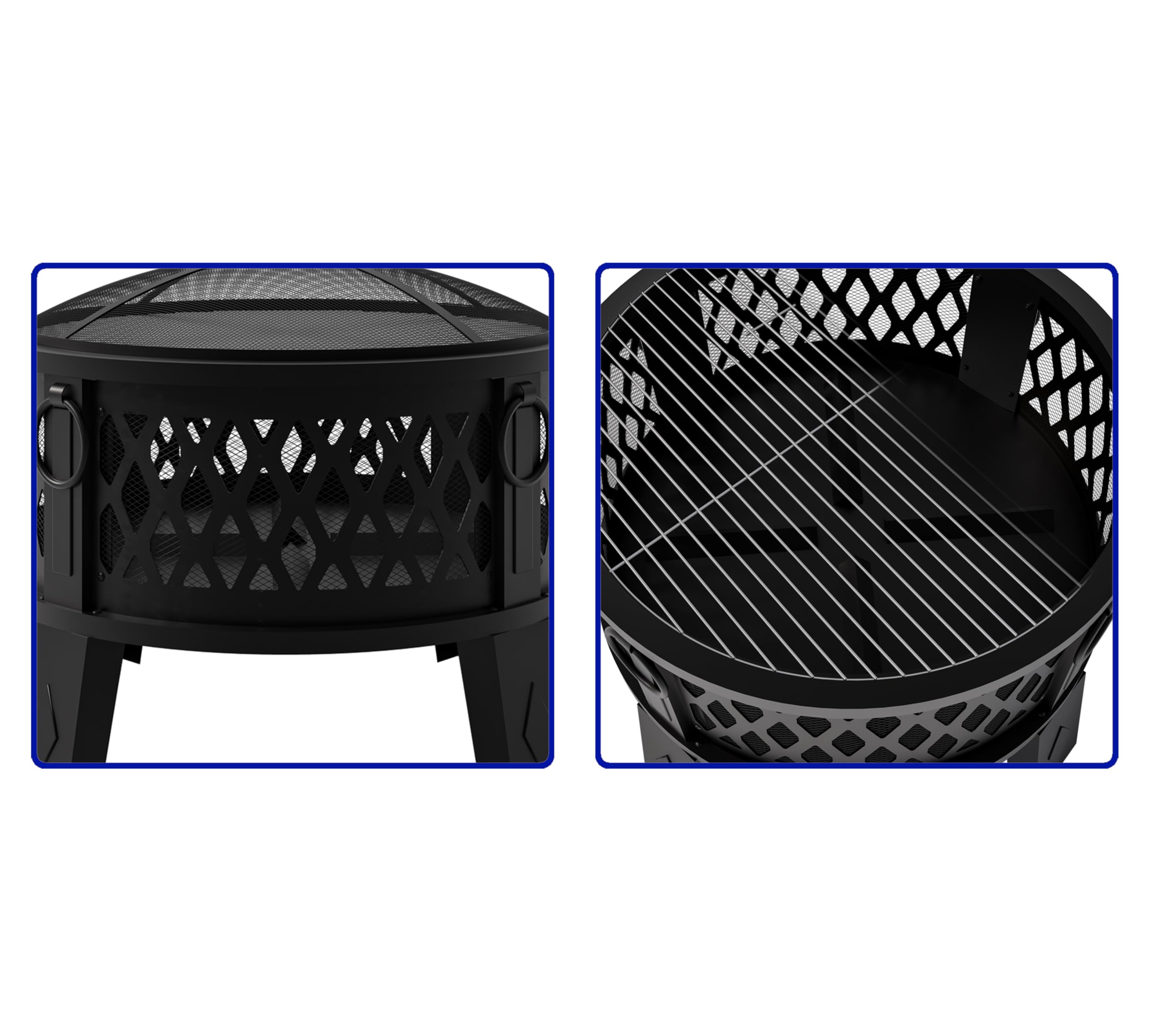 26" Round Steel Fire Pit with Grill & Diamond Mesh