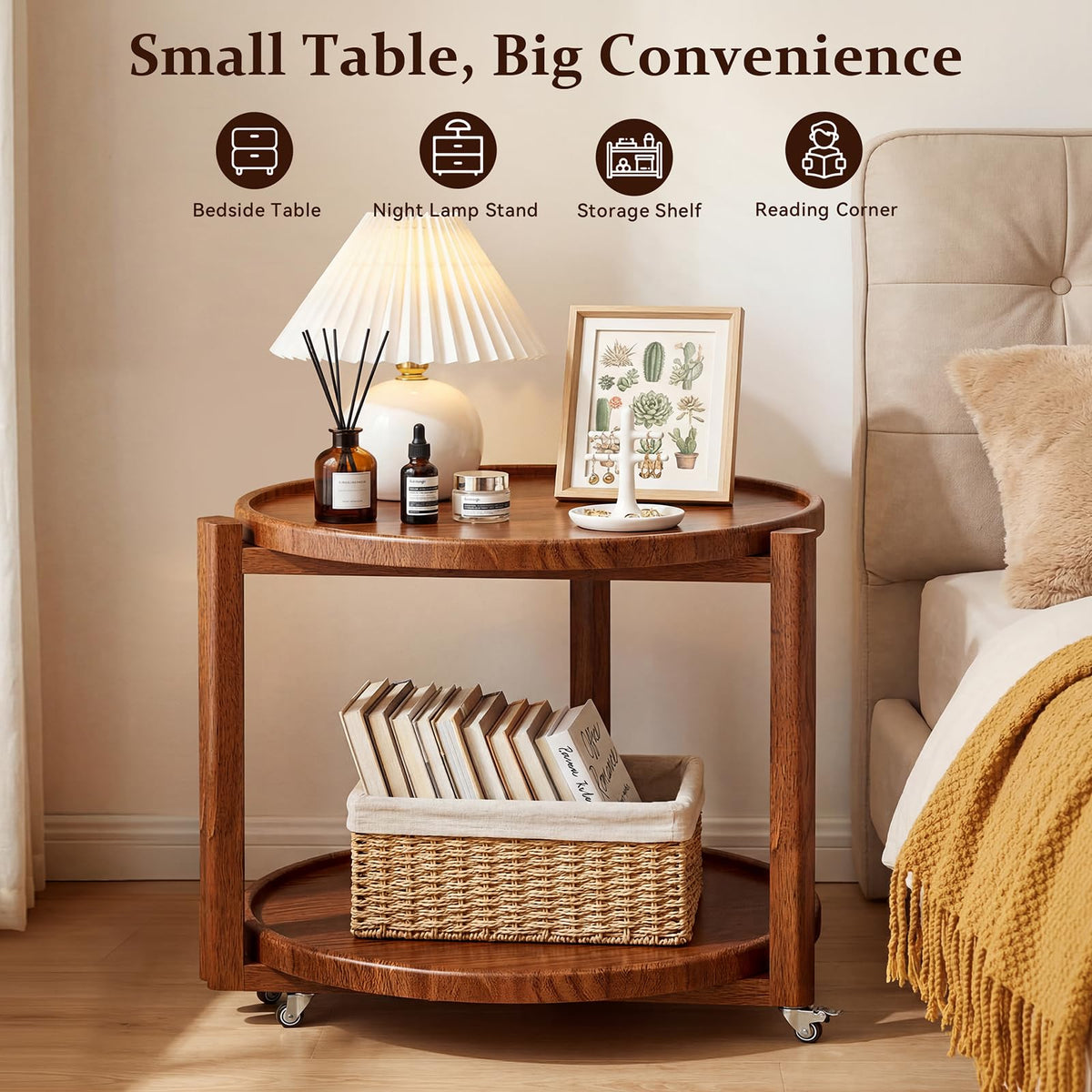 Round Wood Rolling Side Table