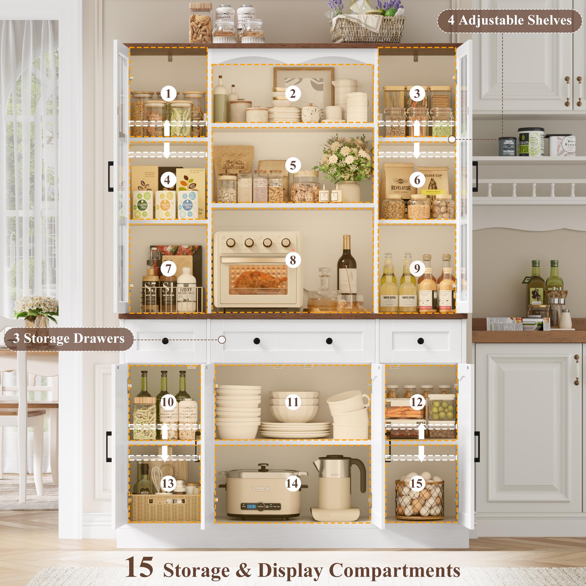 Tall Pantry Cabinet with Glass Doors & Microwave Stand