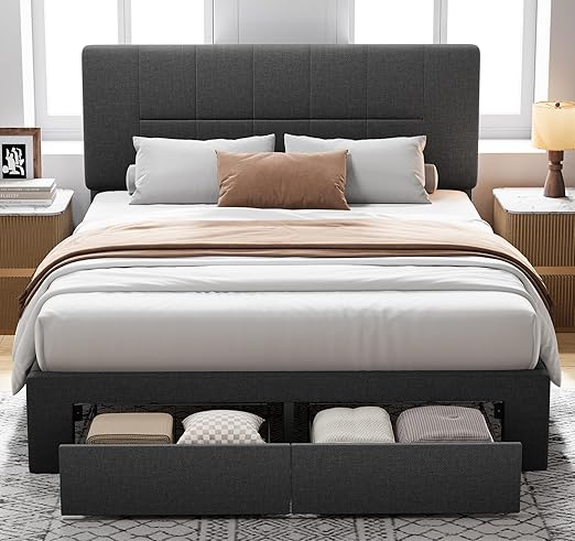 Upholstered Platform Bed Frame with Adjustable Headboard & Under-Bed Storage