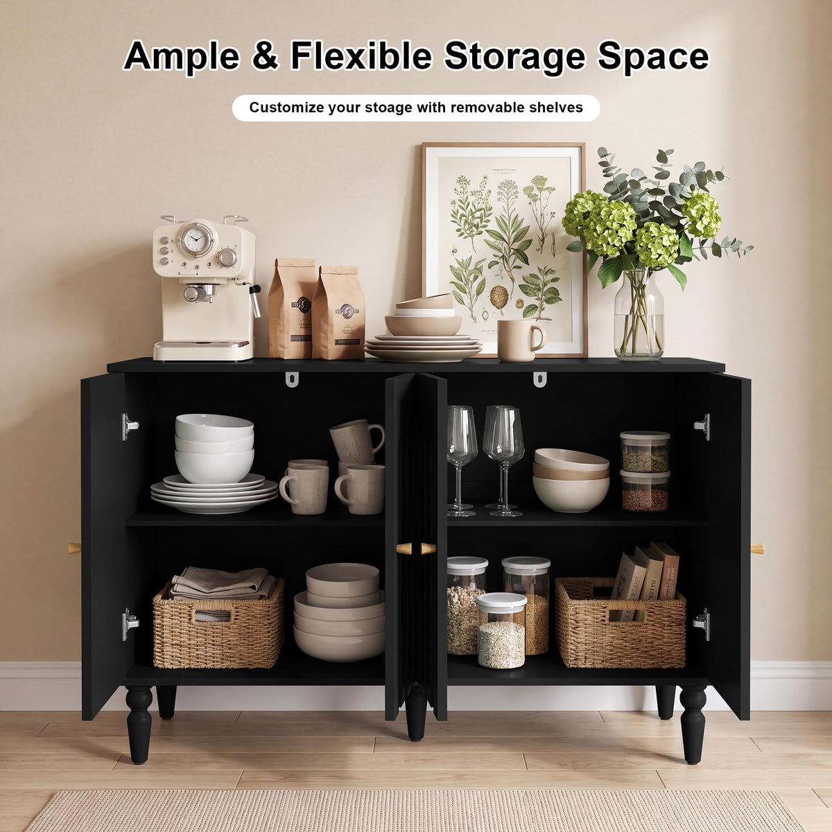 Surmorn 47” Arched Fluted Sideboard Buffet Cabinet with Storage, Black