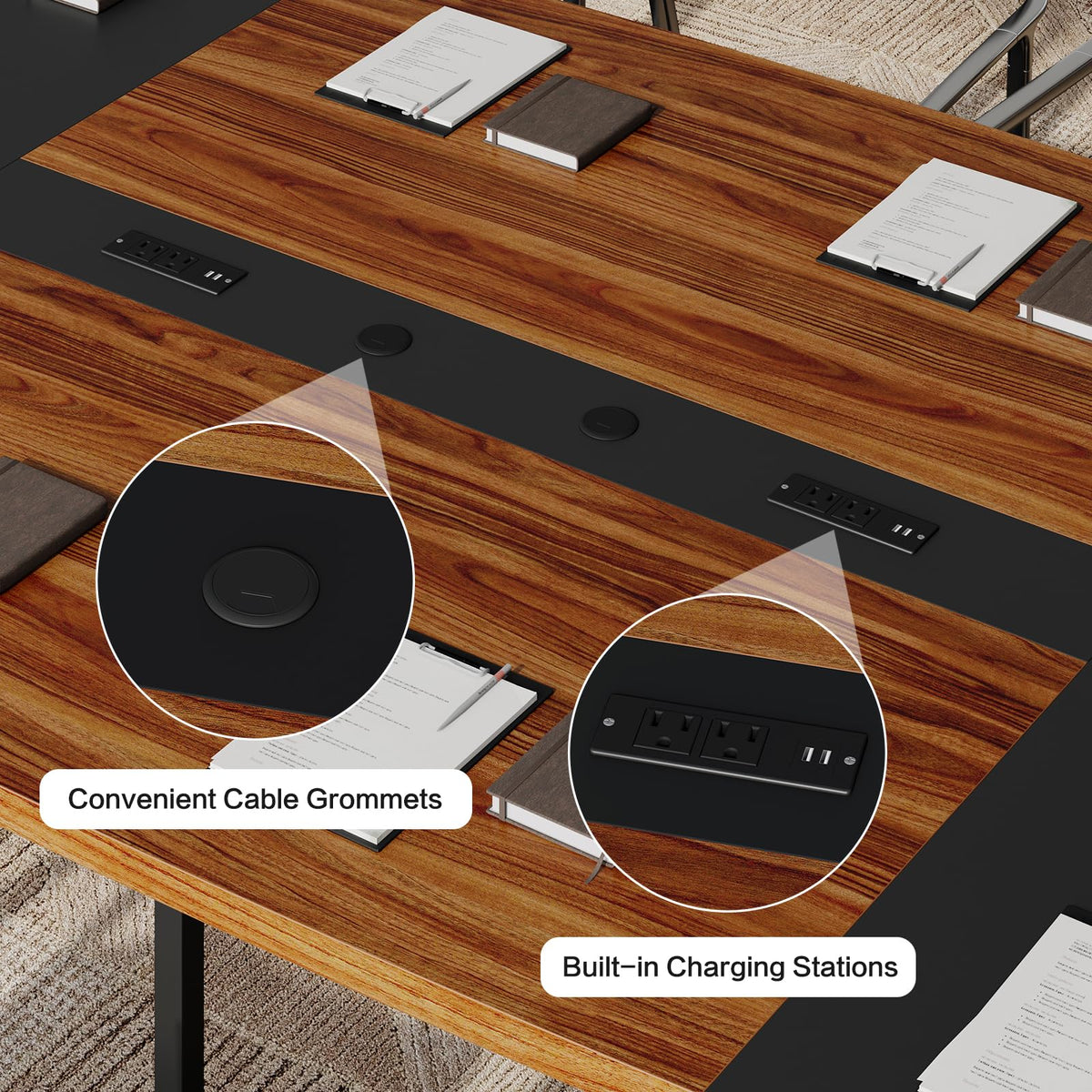 Yanosaku 8FT Conference Table with Power Hubs, Large Meeting Table for 8-10 People, Sturdy Metal Legs, 2 Cable Grommets, Modern Office Conference Table for Conference Room, Office, Meeting Room
