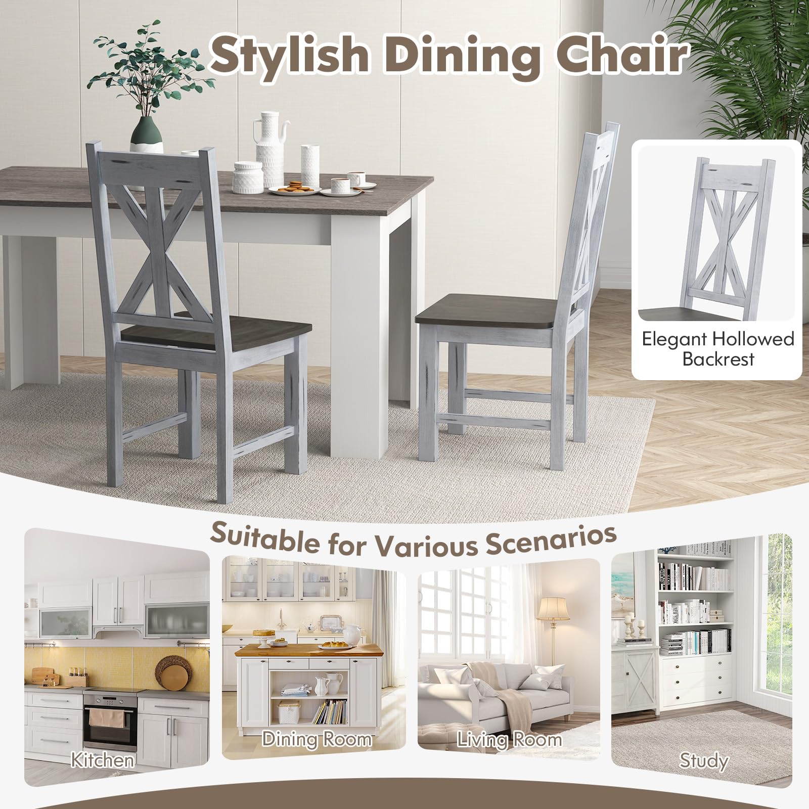 Rubber Wood Dining Chairs, Set of 4 – Hollowed High Back, Grey