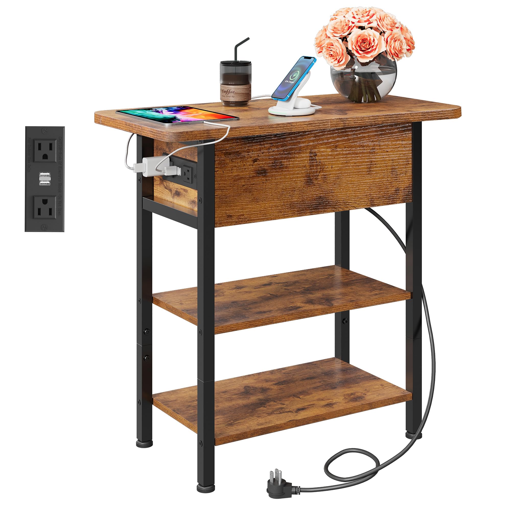 WLIVE End Table with Charging Station, Flip Top Narrow Side Table with Storage Shelf, Small Nightstand with USB Ports and Outlets,Bedside Table for Living Room, Bedroom,11.81" D x 23.62" W x 24.33" H