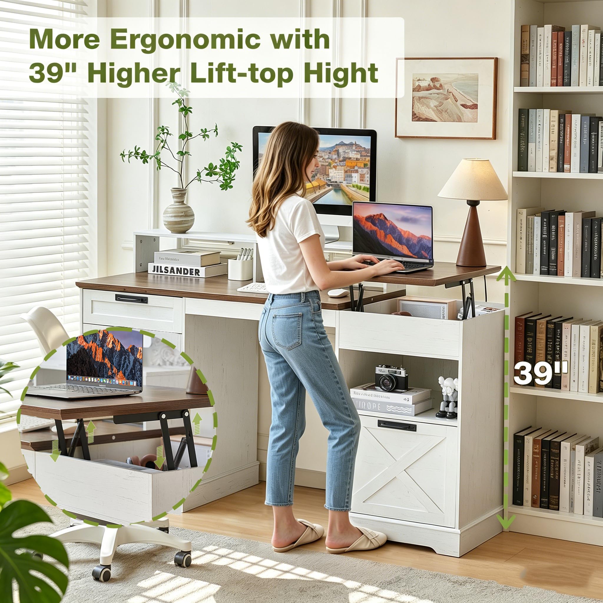 JanflyHome Executive Desk with Lift Top, 63" Computer Desk with Sensor Lights, Charging Station, File Drawers & Farmhouse Design for Home Office (White)