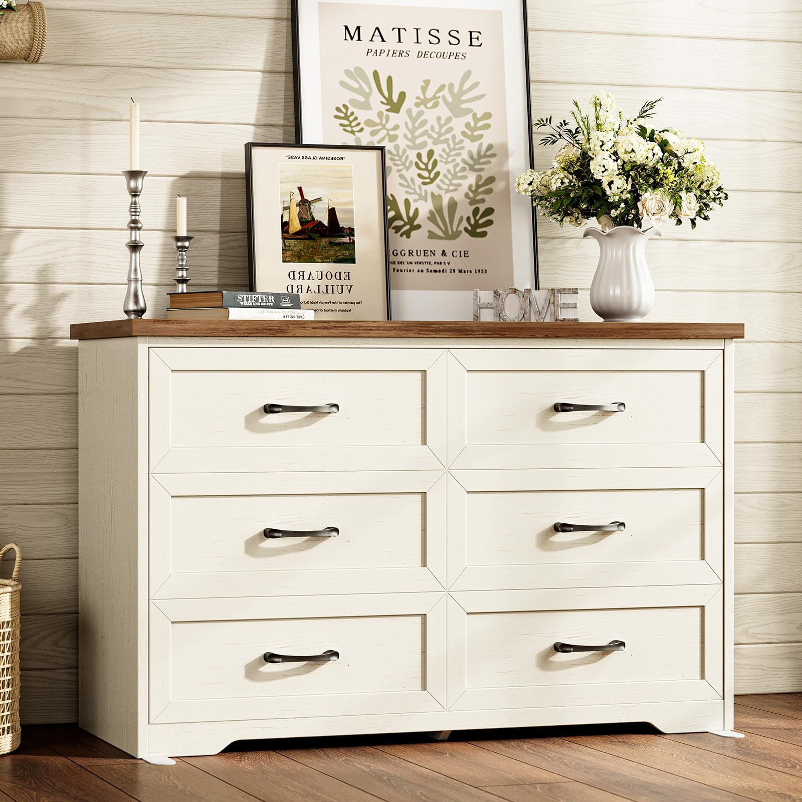 AODK 3-Piece Bedroom Set – 47" Wide 6-Drawer Dresser + 2 Farmhouse Nightstands with 2 Drawers & Charging Station & RGB LED Lights – Engineered Wood, Anti-Tip Design, Rustic White & Dark Walnut