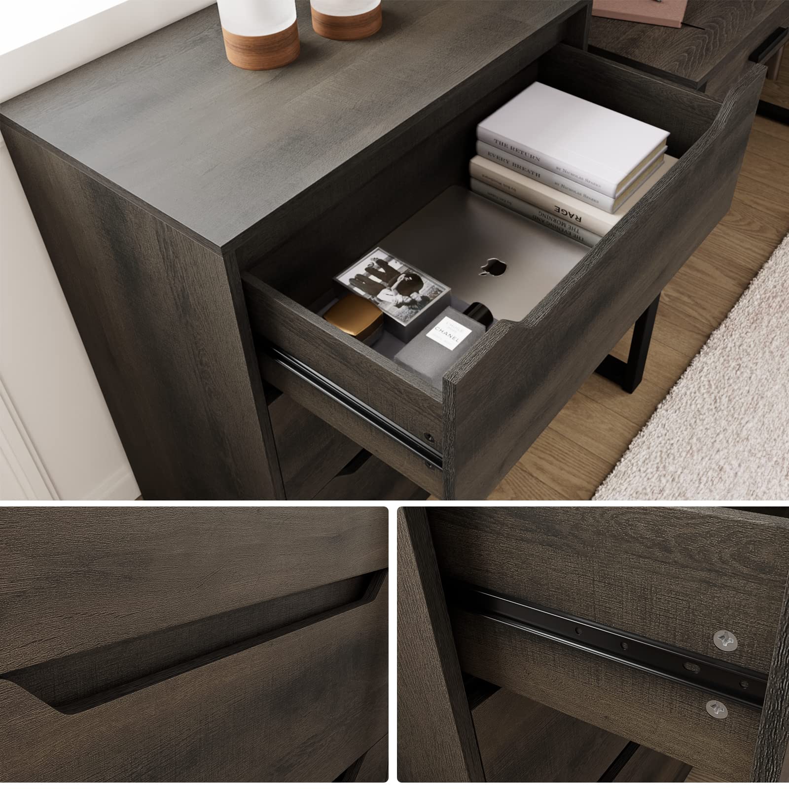 HOSTACK Modern 3 Drawer Dresser, Wood Chest of Drawers with Storage, Tall Nightstand with Cut-Out Handles, Side End Table, Accent Storage Cabinet for Living Room, Entryway, Dark Brown
