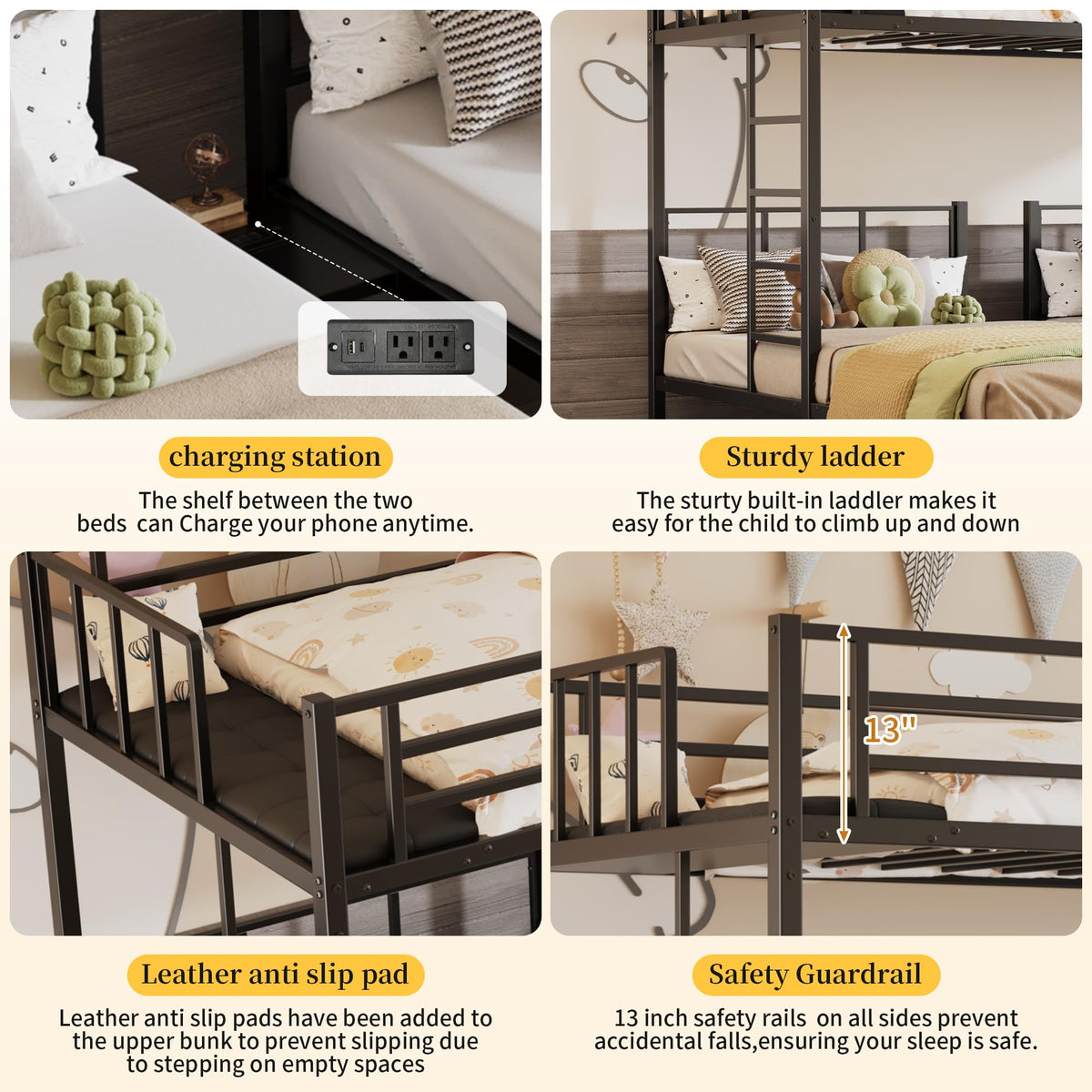 Metal Triple Bunk Bed with Charging Station