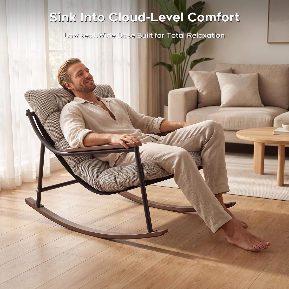 LUTINLIX Papasan Rocking Chair with Armrest Outdoor Indoor,Heavy Duty Metal Outdoor Rocking Chair with Cushion,All-Weather Patio Lounge Chair for Balcony,Garden,Living Room (1pcs)
