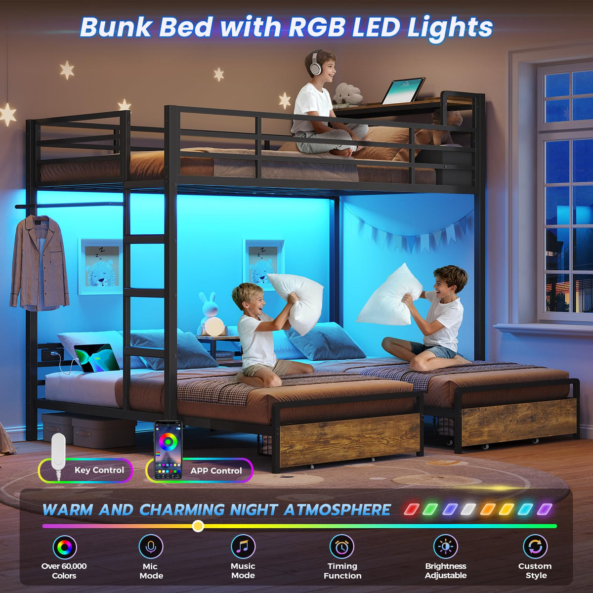 Triple Bunk Bed with Storage Drawers and Charging Station