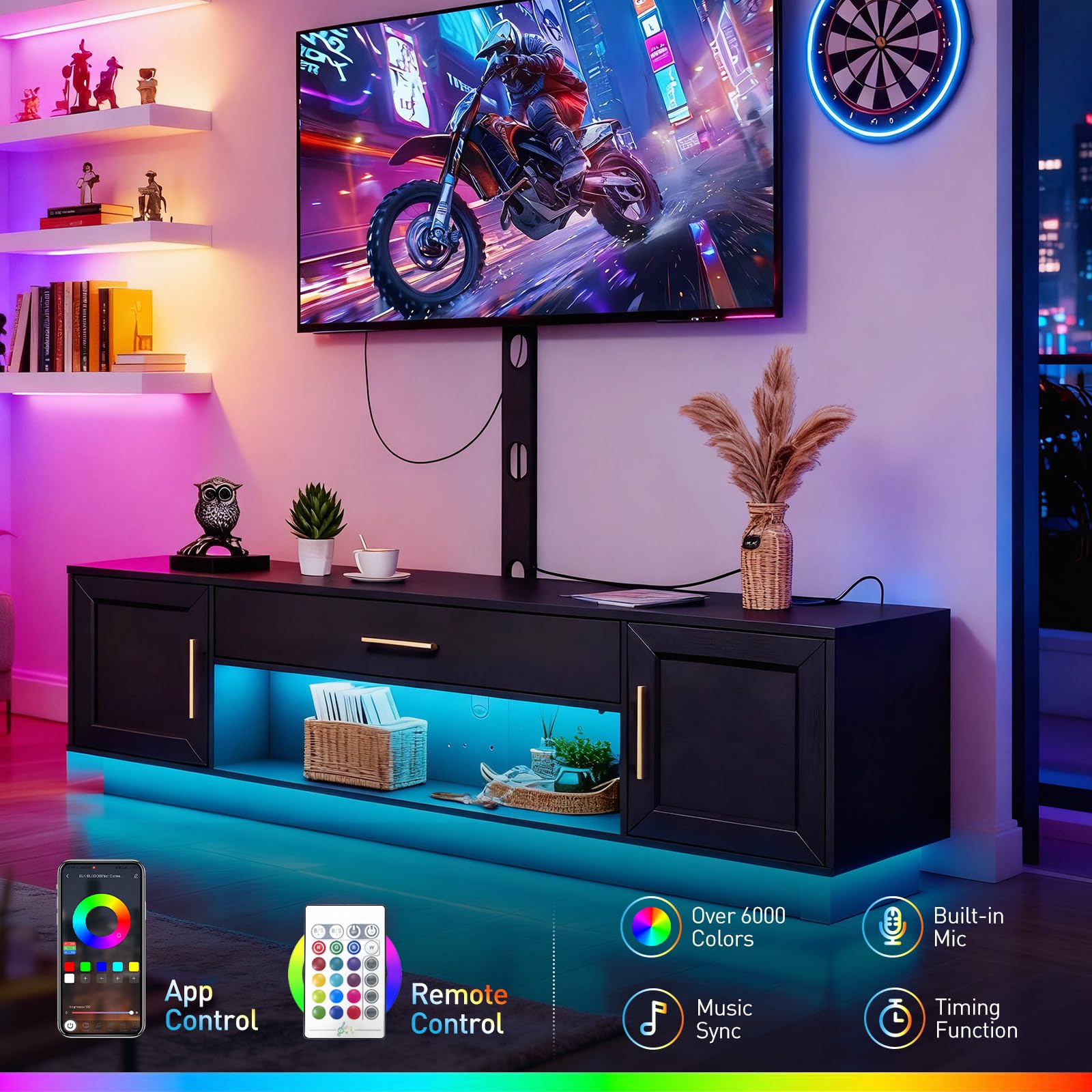 RALGEND 59" Modern TV Stand with Mount and Power Outlet, Swivel TV Stand for 32/55/65/75 inch TVs, Height Adjustable LED Entertainment Center, Media TV Console Table for Living Room, Bedroom, Black