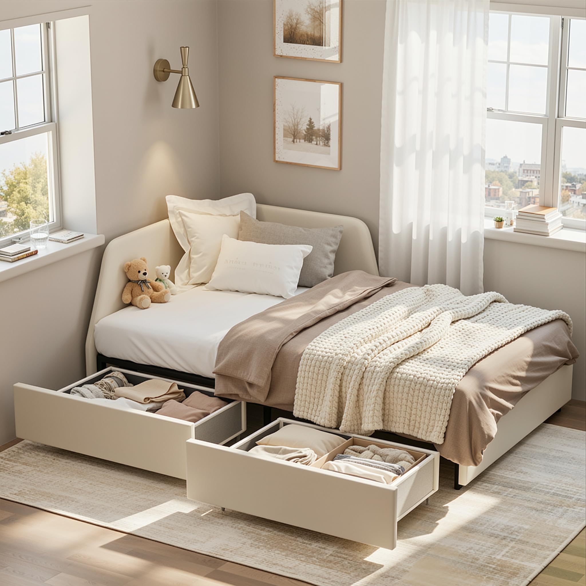 Twin Daybed Frame with Storage Drawers & Safety Rail