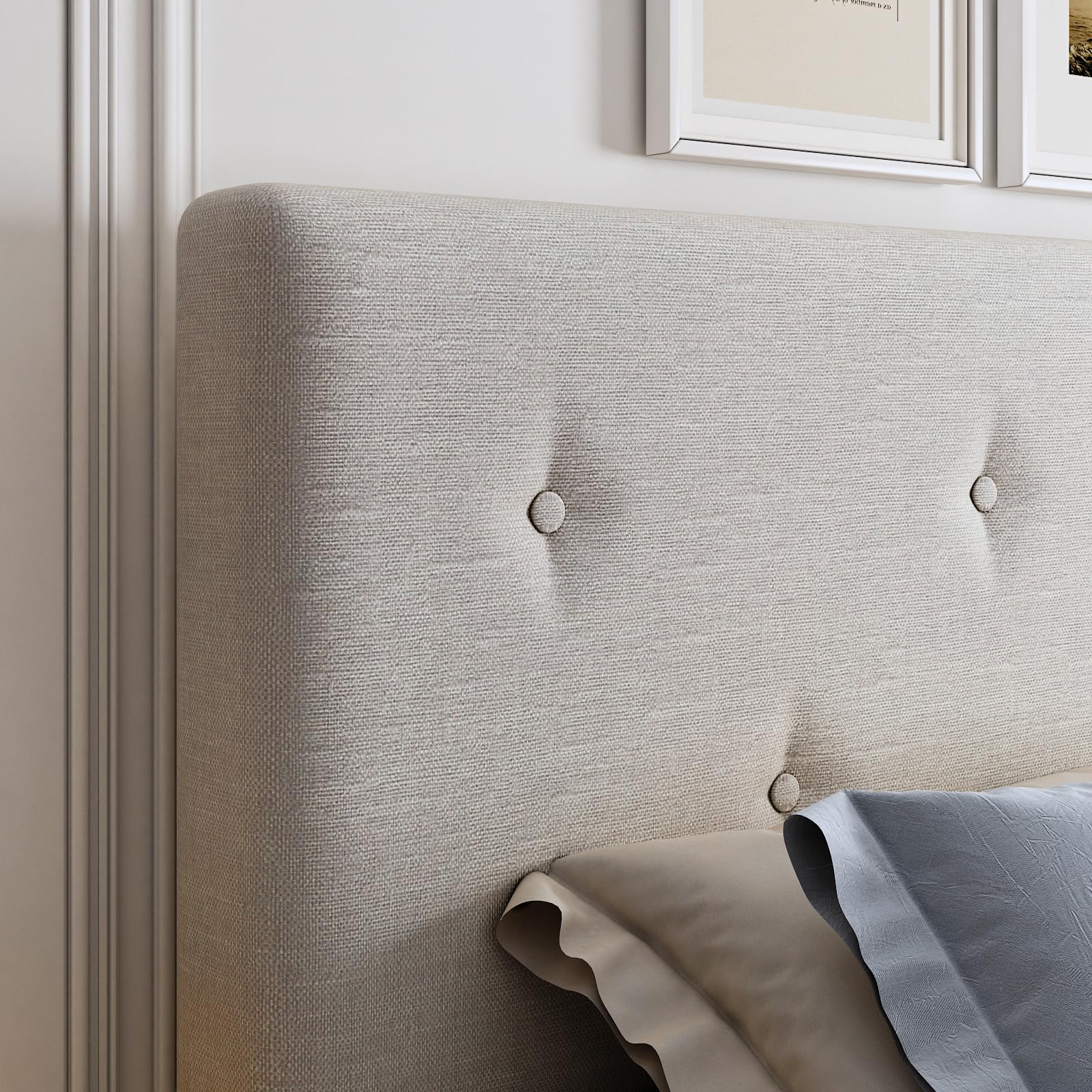 Linen Upholstered Platform Bed Frame with Adjustable Headboard & Wooden Slats