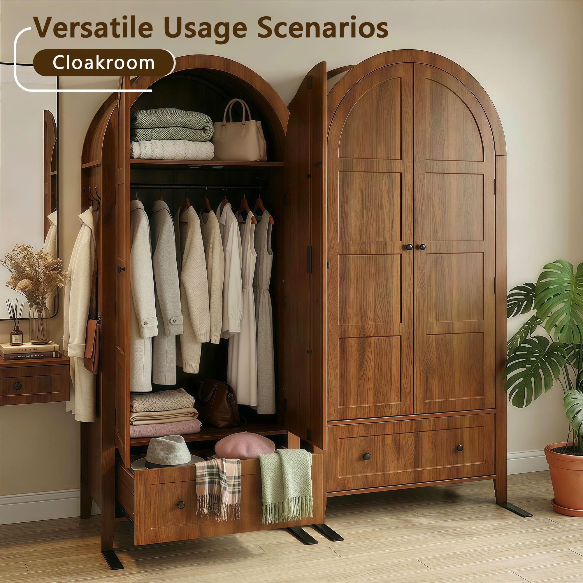 Freestanding Armoire Wardrobe with Arched Doors & Drawer