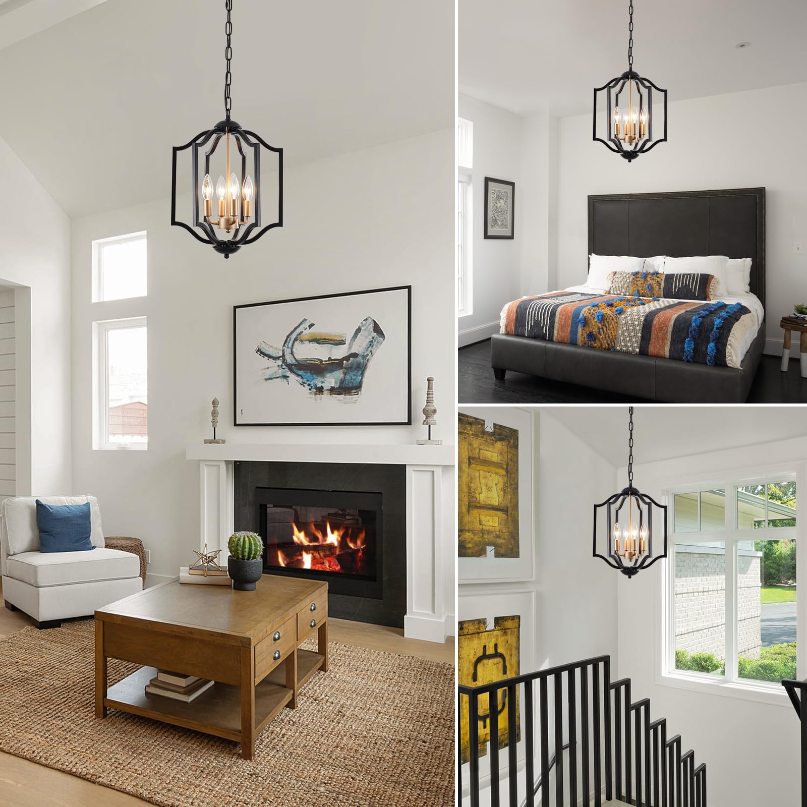 MIAYBPH Black and Gold Chandelier Light Fixture, 4-Light Farmhouse Chandelier Dining Room Light Fixtures Rustic Hanging Small Entryway Pendant Light for Kitchen Island Foyer Living Room