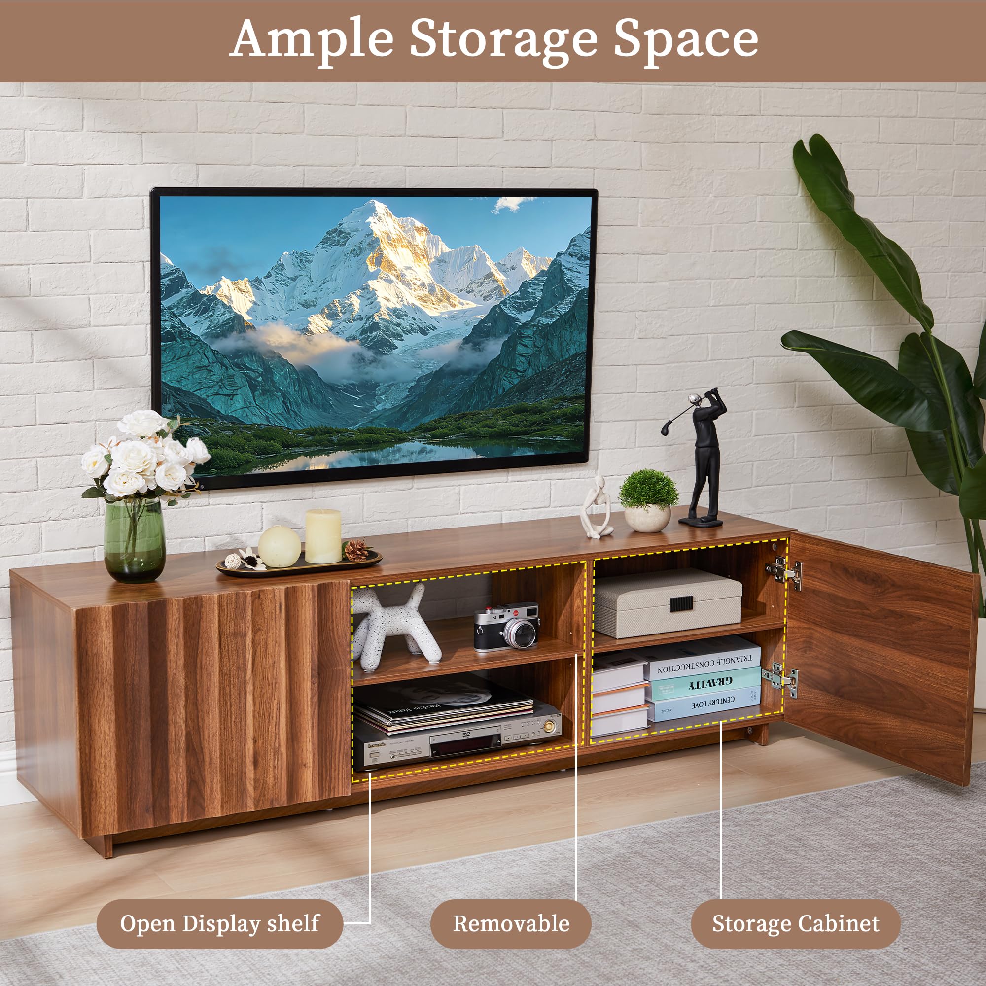 Bifins 61 inch TV Stand for Televisions up to 65 Inches, Mid Century Modern Fluted Entertainment Center TV Console Table with Storage and Adjustable Shelve for Living Room Bedroom (Walnut)