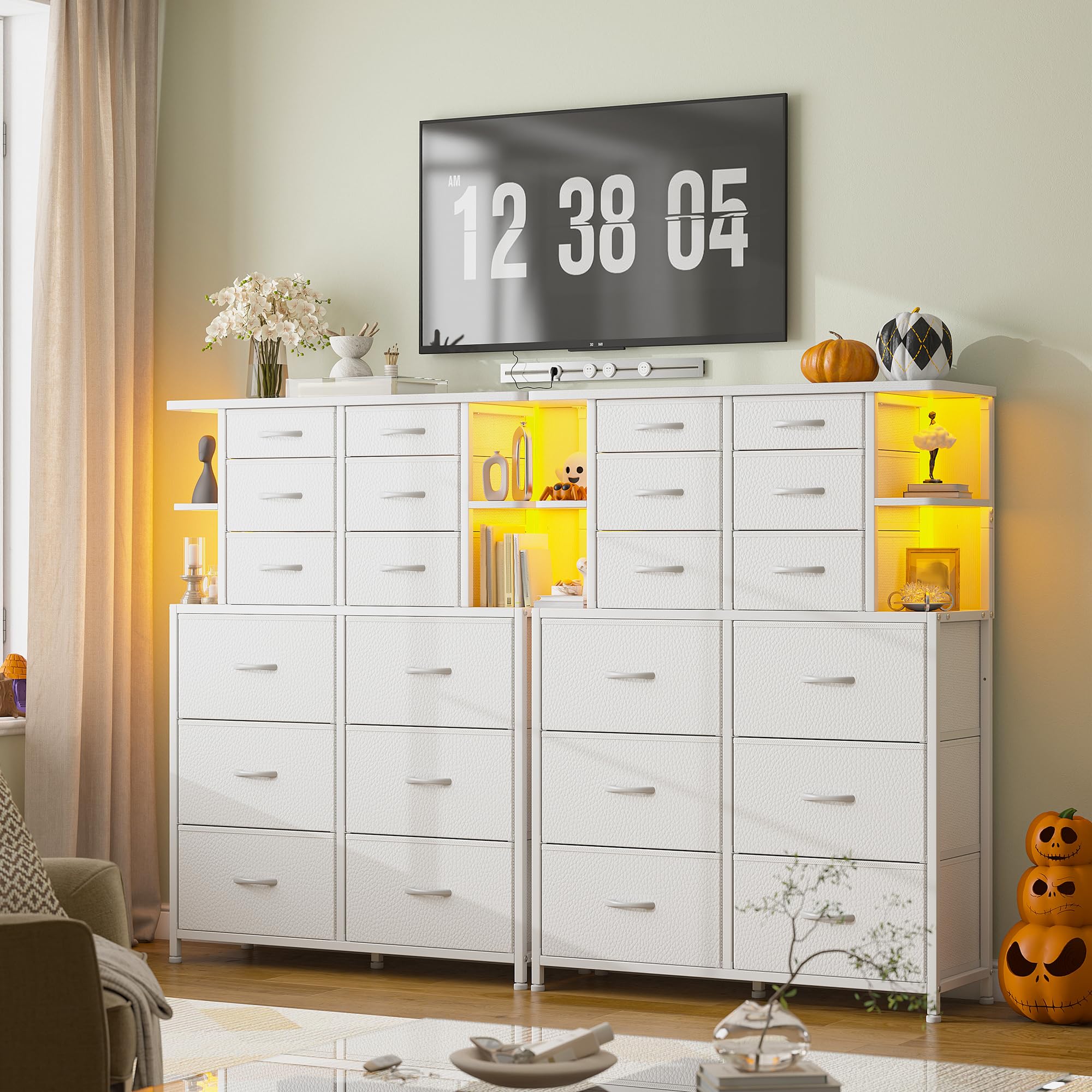 White Dresser for Bedroom with 12 Drawers & LED Lights,4 Open Storage Shelves, Fabric Dressers & Chests of Drawers for Living Room, Entryway, Dorm, Metal Frame, Wood Top,45.2" H x 35.4" W x 11.8" D