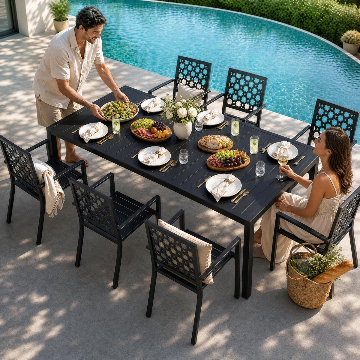 bigget Extendable Patio Dining Table for 8, 78.8" Long Rectangular Expandable Outdoor Dining Table for 8, 500LBS Powder-Coated Black Metal Extra Large Outdoor Patio Table for Outside, Garden, Lawn